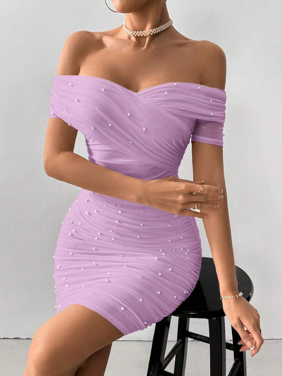 Women Fitted Open Shoulder Short Sleeve Beaded Bodycon Dress