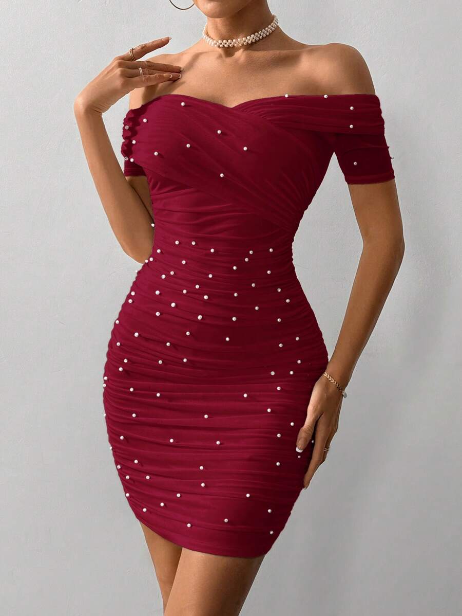 Women Fitted Open Shoulder Short Sleeve Beaded Bodycon Dress