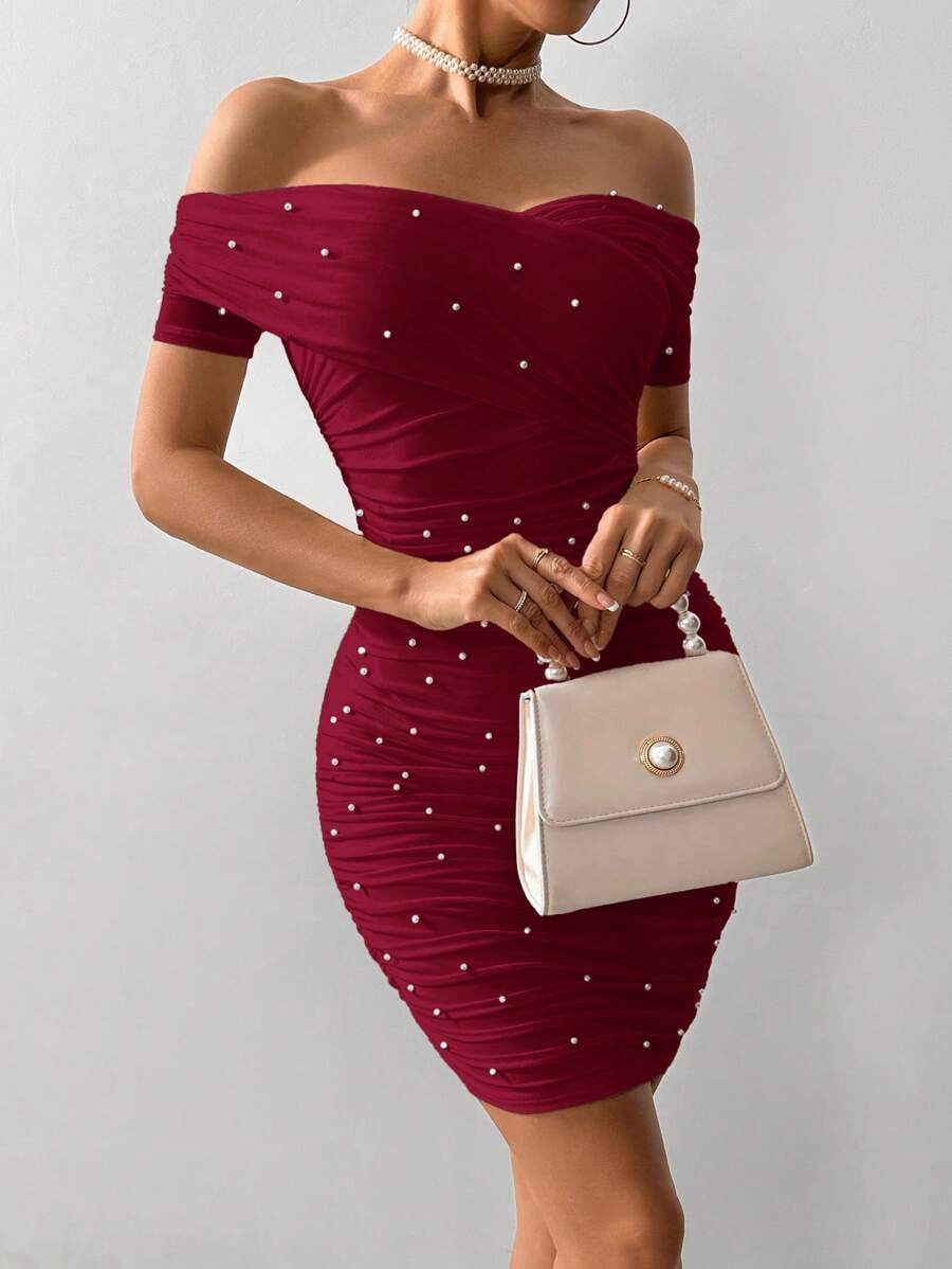 Women Fitted Open Shoulder Short Sleeve Beaded Bodycon Dress