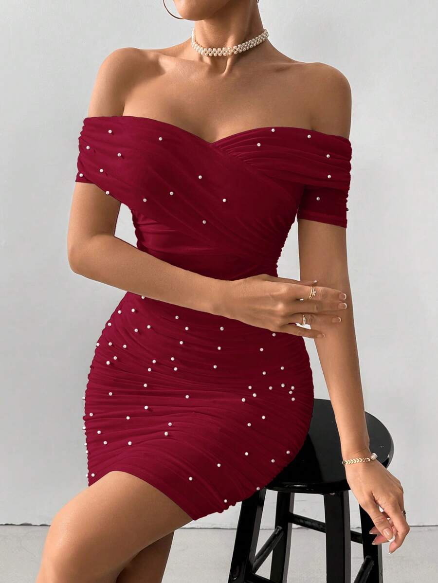 Women Fitted Open Shoulder Short Sleeve Beaded Bodycon Dress