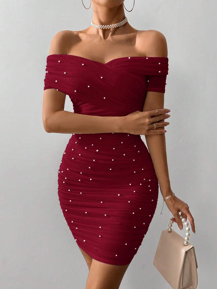 Women Fitted Open Shoulder Short Sleeve Beaded Bodycon Dress