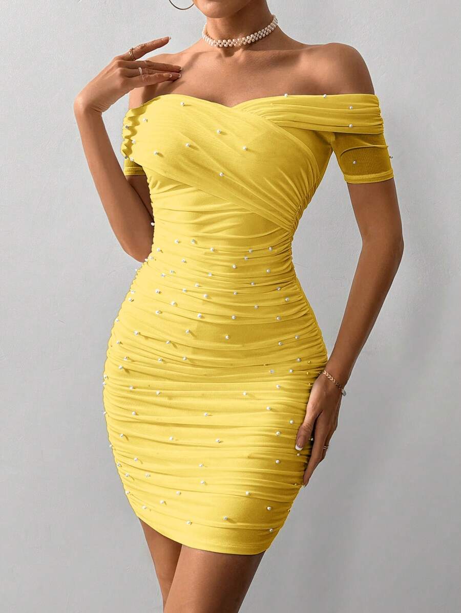 Women Fitted Open Shoulder Short Sleeve Beaded Bodycon Dress