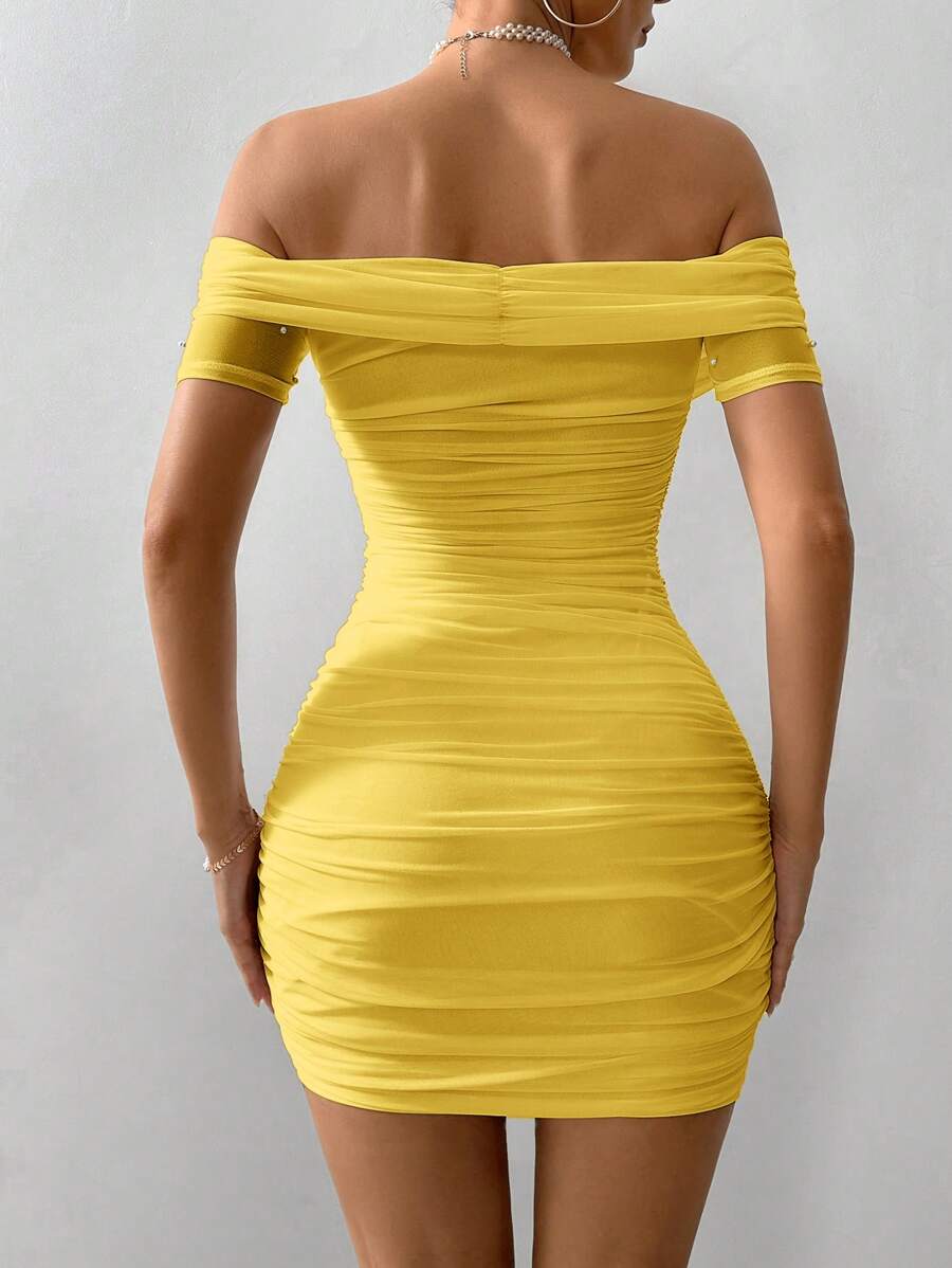 Women Fitted Open Shoulder Short Sleeve Beaded Bodycon Dress