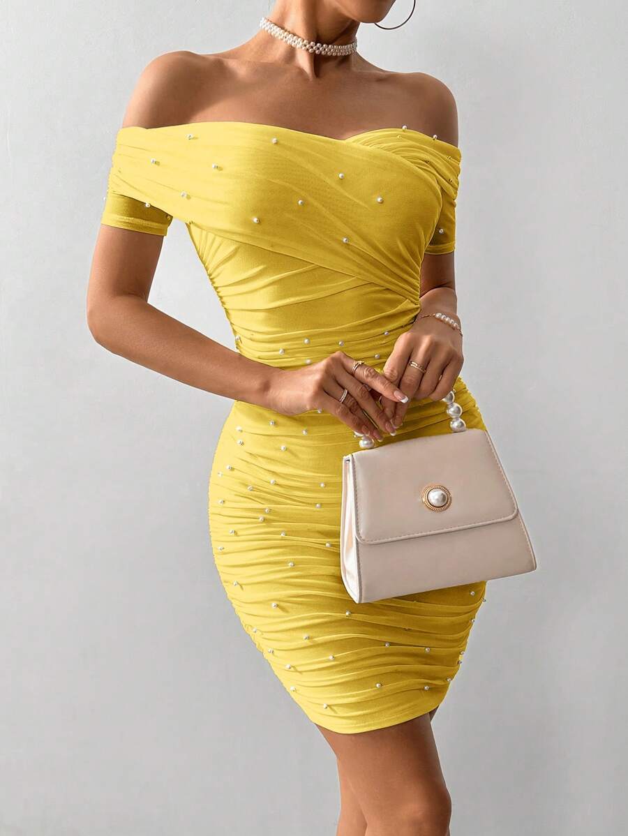 Women Fitted Open Shoulder Short Sleeve Beaded Bodycon Dress