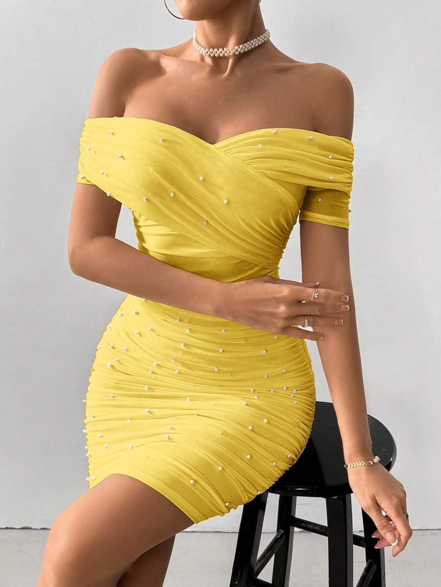 Women Fitted Open Shoulder Short Sleeve Beaded Bodycon Dress