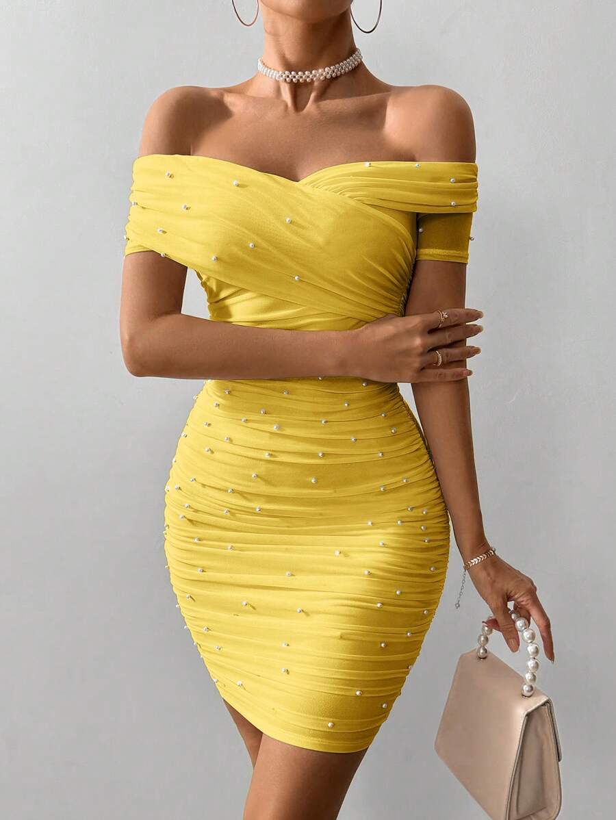 Women Fitted Open Shoulder Short Sleeve Beaded Bodycon Dress