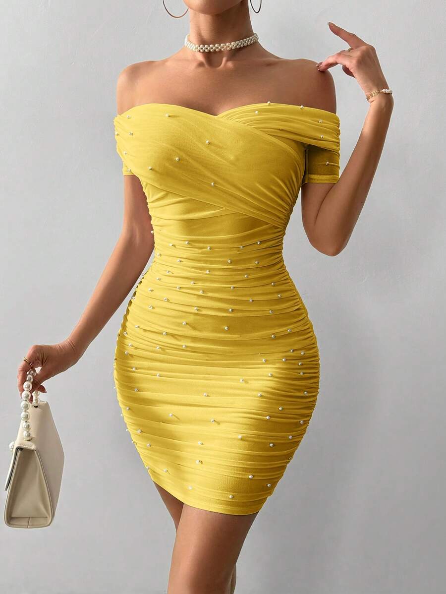 Women Fitted Open Shoulder Short Sleeve Beaded Bodycon Dress