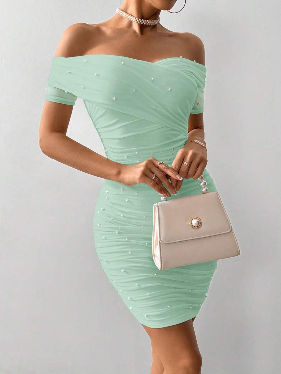 Women Fitted Open Shoulder Short Sleeve Beaded Bodycon Dress