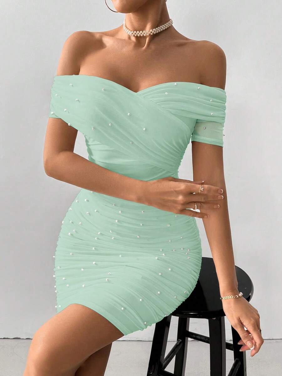 Women Fitted Open Shoulder Short Sleeve Beaded Bodycon Dress