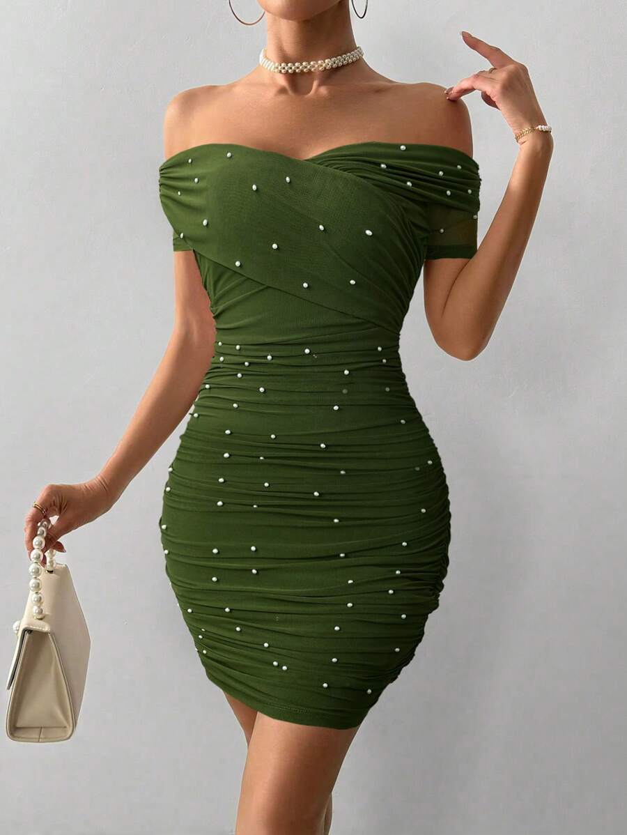 Women Fitted Open Shoulder Short Sleeve Beaded Bodycon Dress