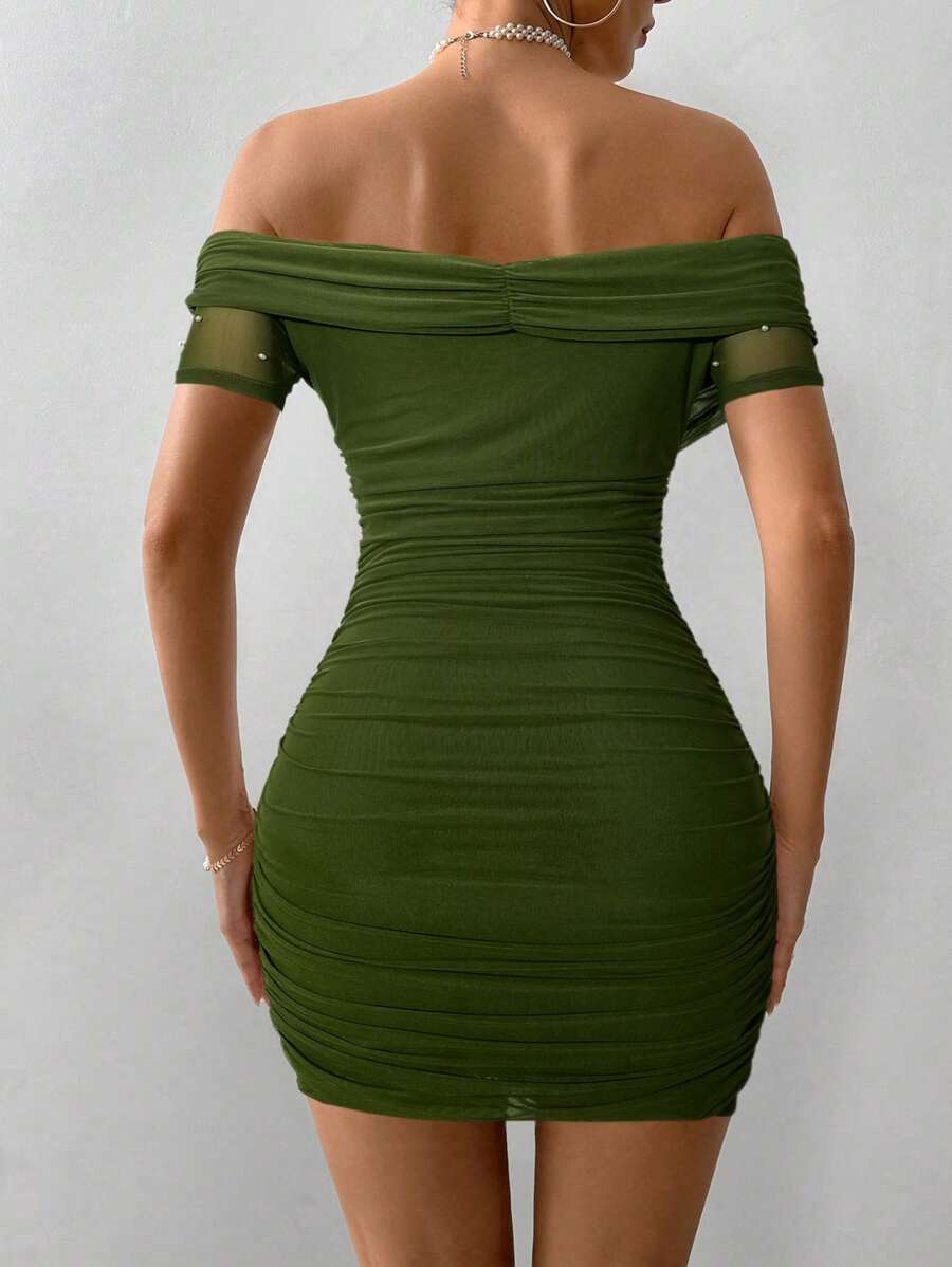 Women Fitted Open Shoulder Short Sleeve Beaded Bodycon Dress