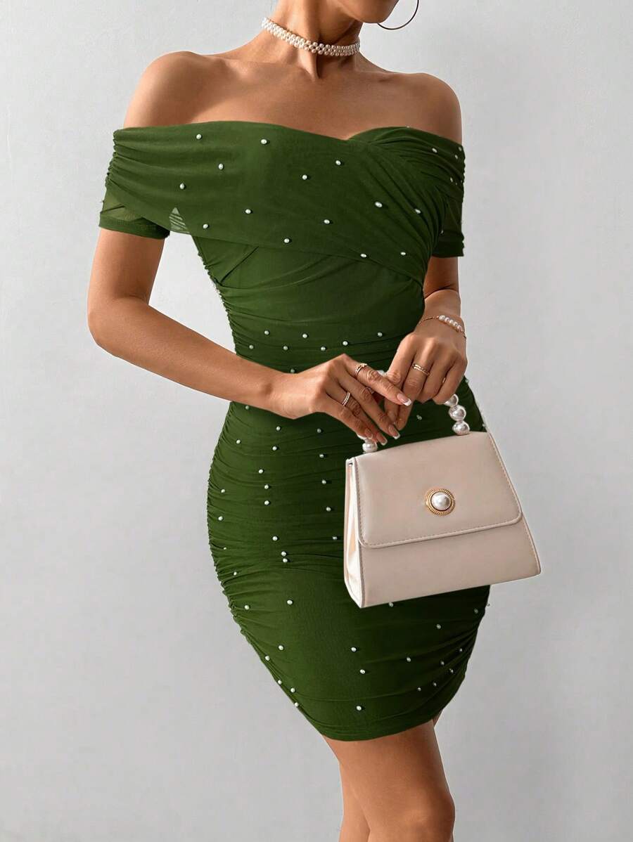 Women Fitted Open Shoulder Short Sleeve Beaded Bodycon Dress