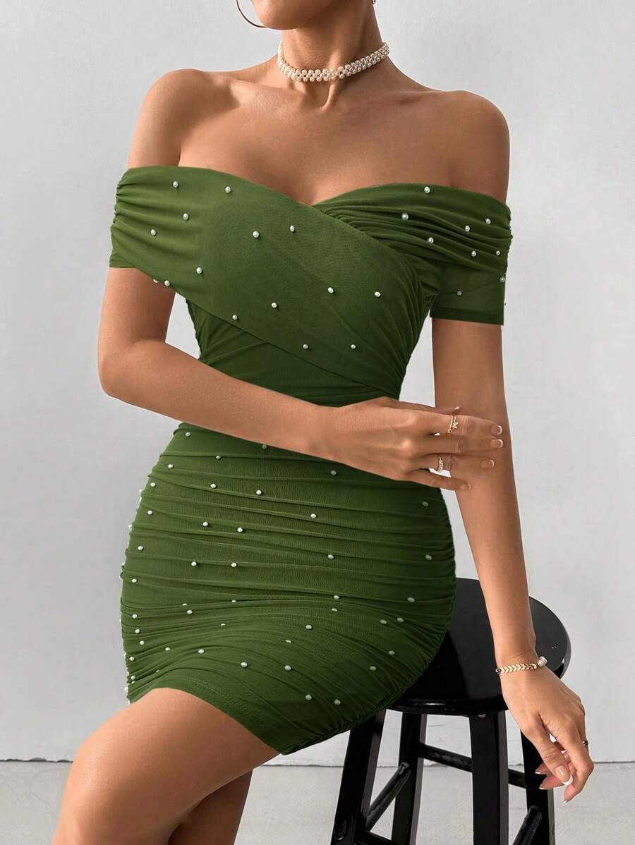 Women Fitted Open Shoulder Short Sleeve Beaded Bodycon Dress
