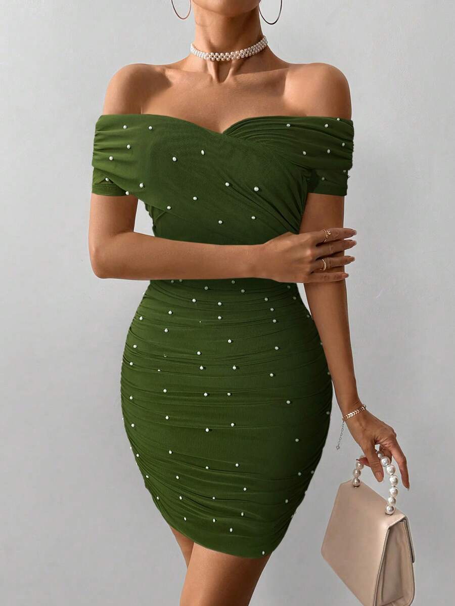 Women Fitted Open Shoulder Short Sleeve Beaded Bodycon Dress