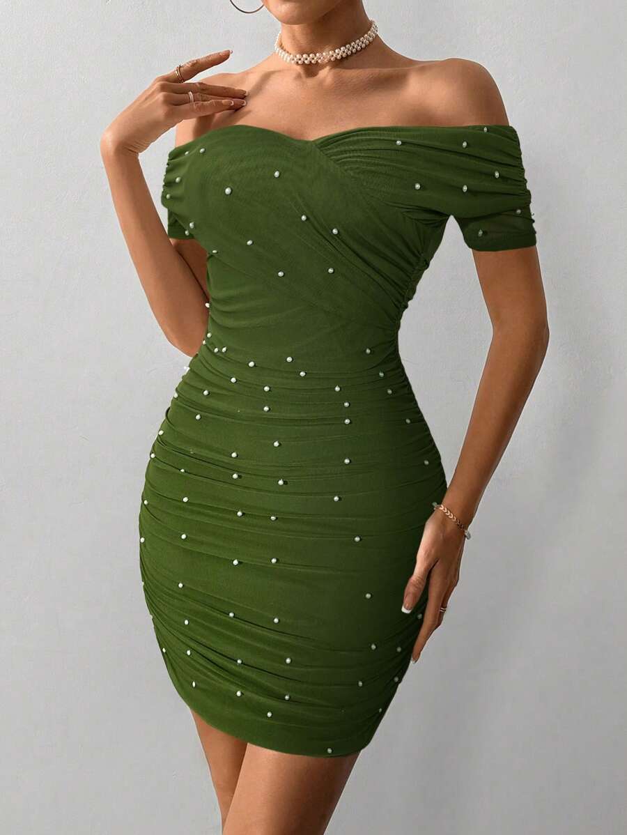 Women Fitted Open Shoulder Short Sleeve Beaded Bodycon Dress