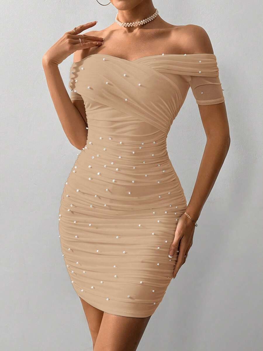 Women Fitted Open Shoulder Short Sleeve Beaded Bodycon Dress