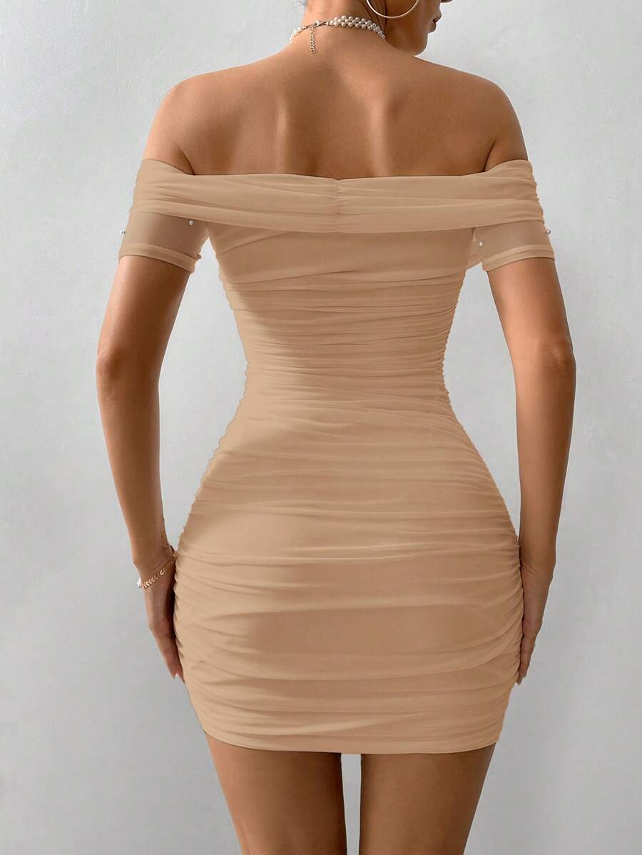 Women Fitted Open Shoulder Short Sleeve Beaded Bodycon Dress