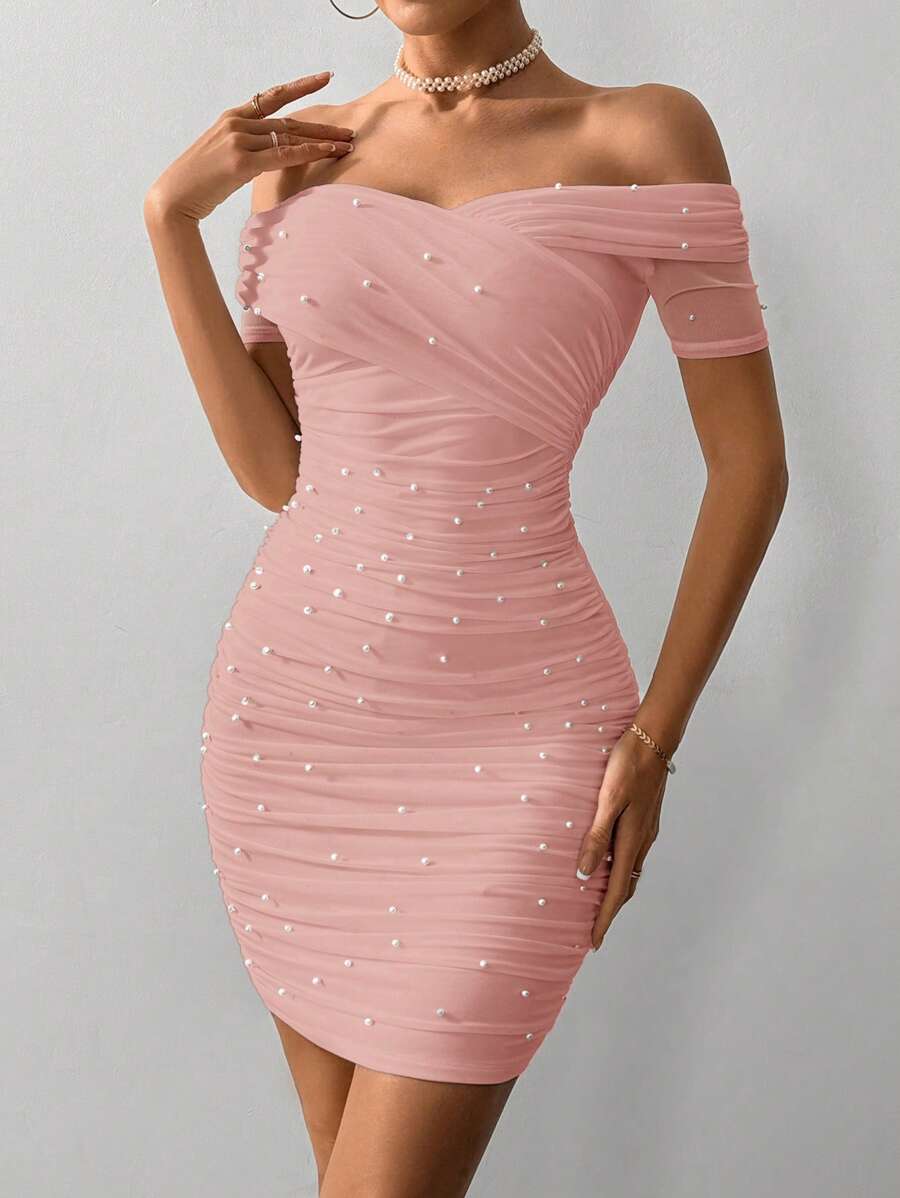 Women Fitted Open Shoulder Short Sleeve Beaded Bodycon Dress