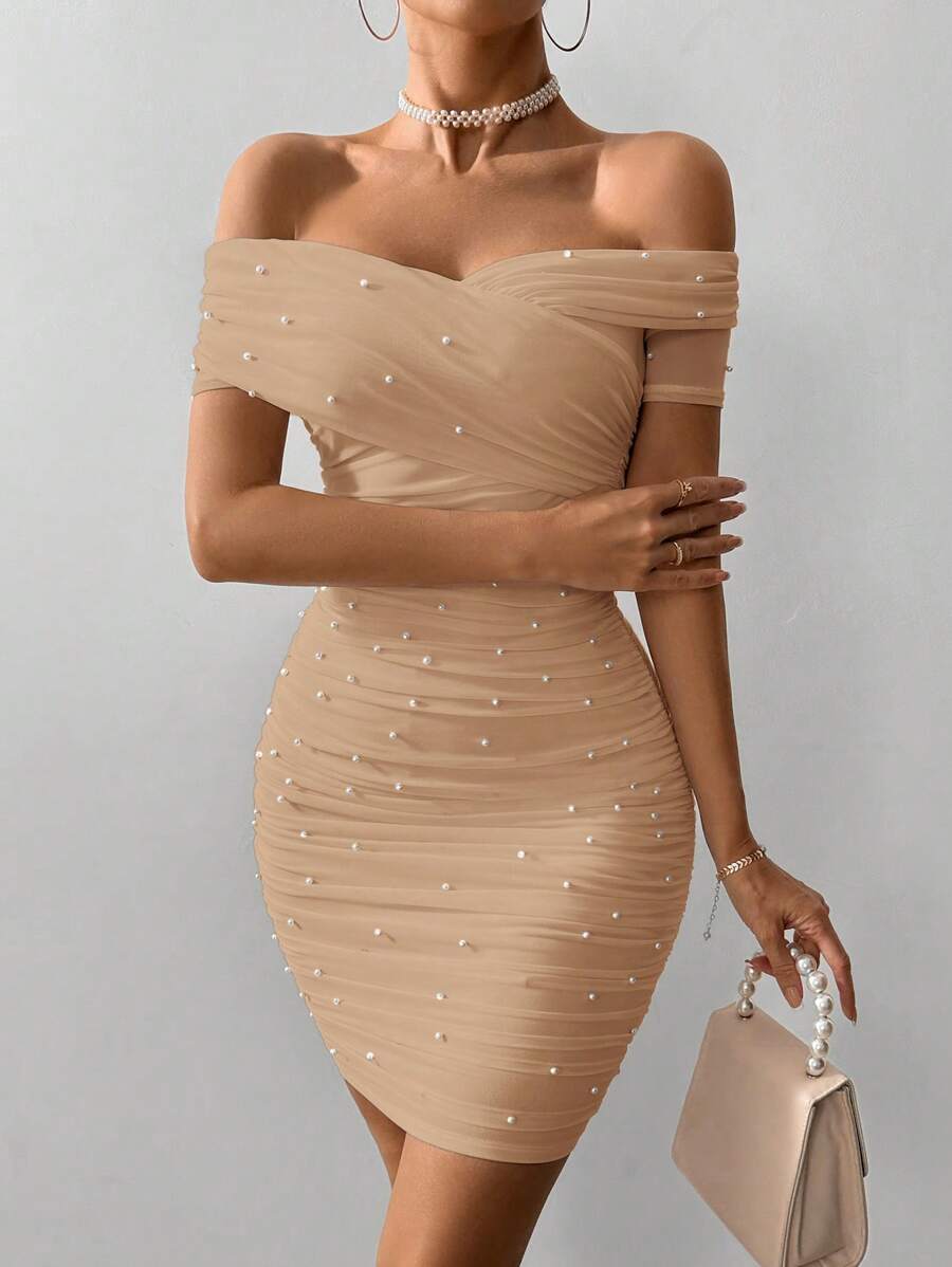 Women Fitted Open Shoulder Short Sleeve Beaded Bodycon Dress