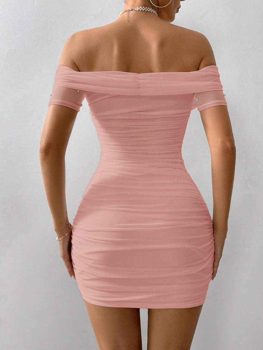 Women Fitted Open Shoulder Short Sleeve Beaded Bodycon Dress