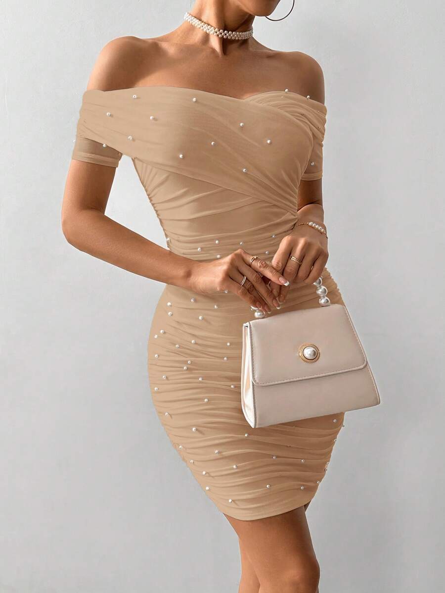 Women Fitted Open Shoulder Short Sleeve Beaded Bodycon Dress