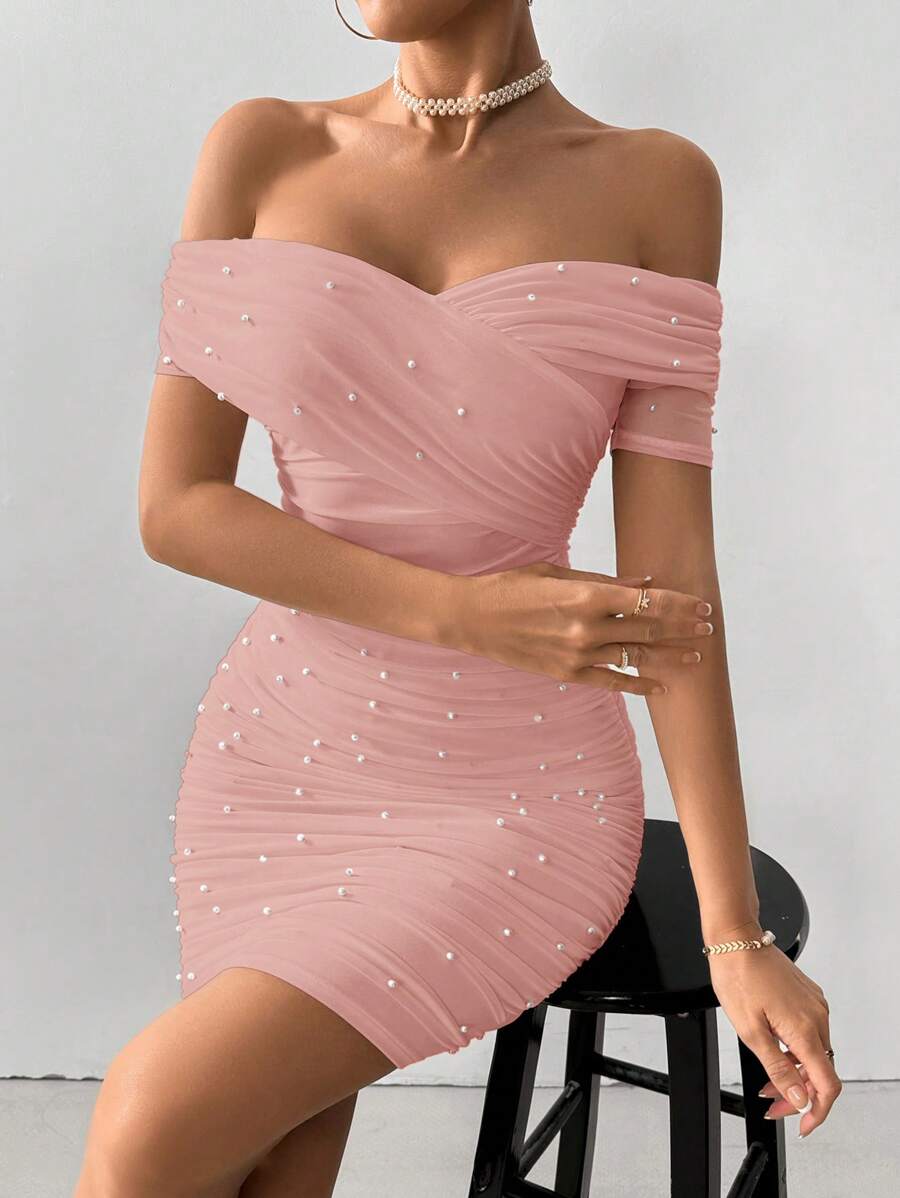 Women Fitted Open Shoulder Short Sleeve Beaded Bodycon Dress