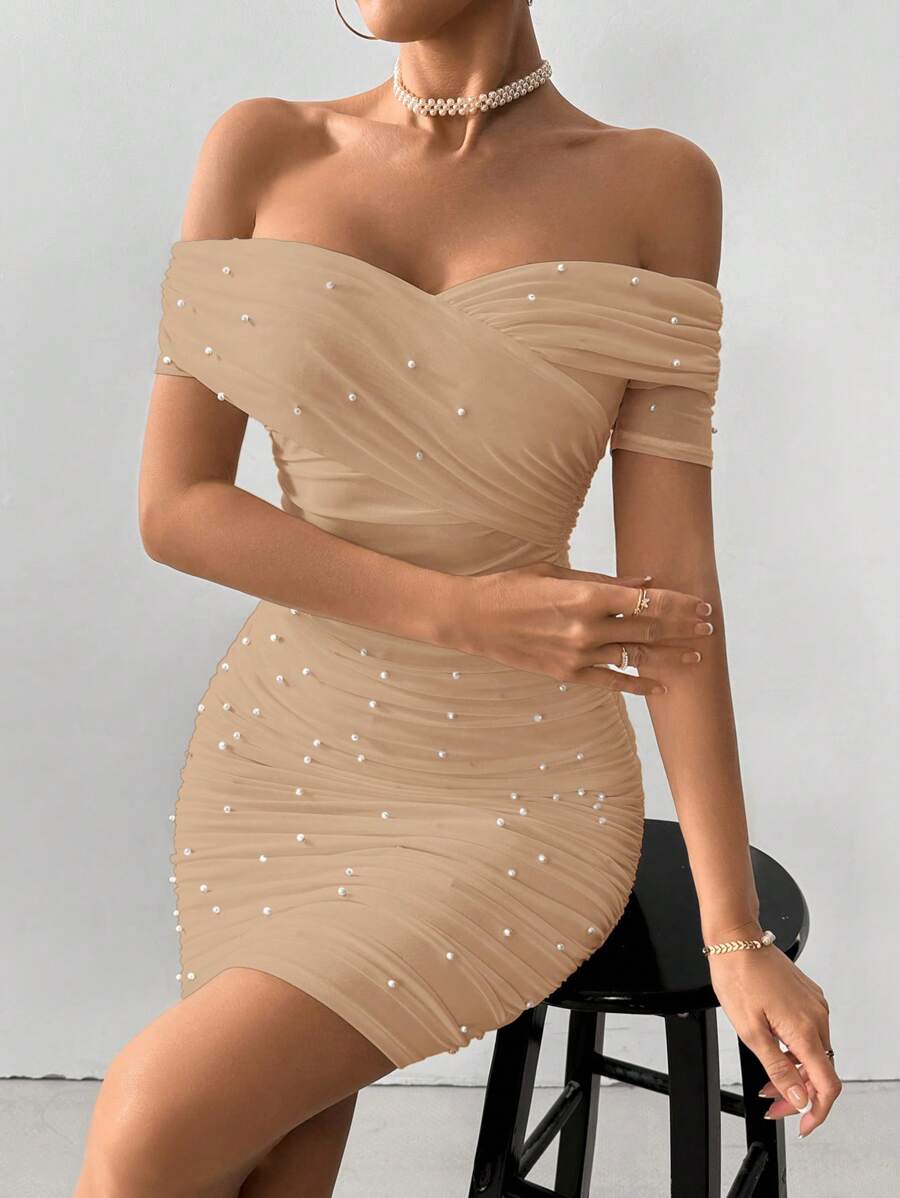Women Fitted Open Shoulder Short Sleeve Beaded Bodycon Dress