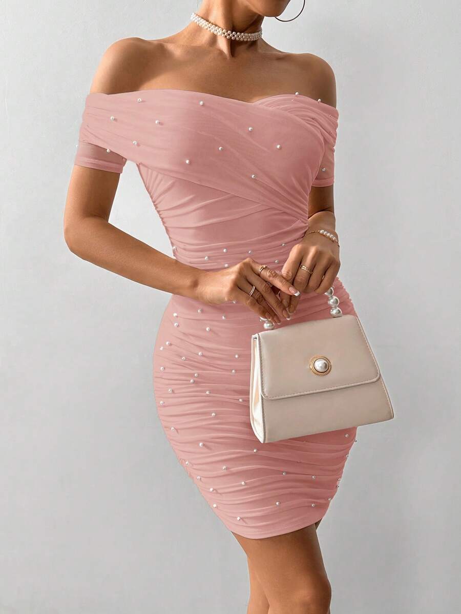 Women Fitted Open Shoulder Short Sleeve Beaded Bodycon Dress