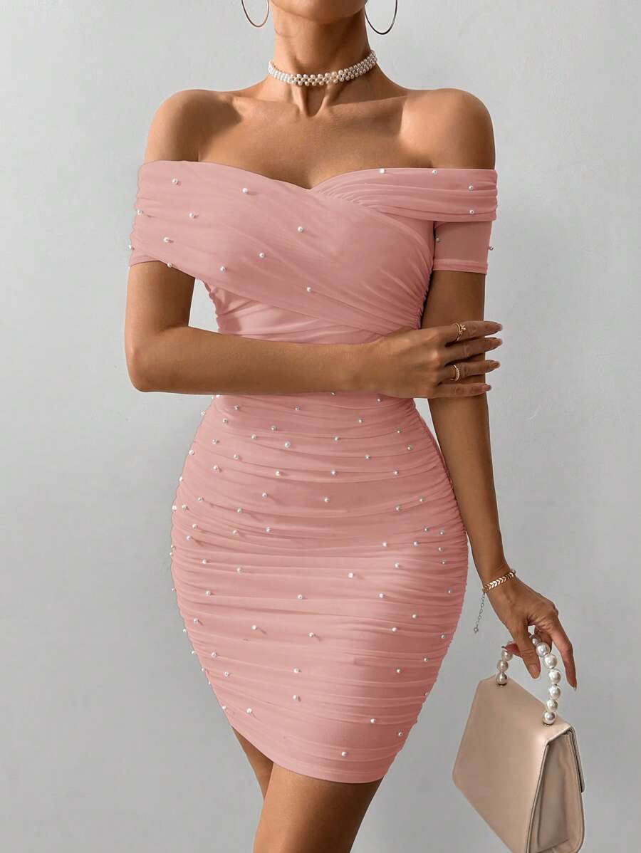 Women Fitted Open Shoulder Short Sleeve Beaded Bodycon Dress