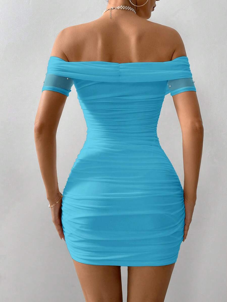 Women Fitted Open Shoulder Short Sleeve Beaded Bodycon Dress