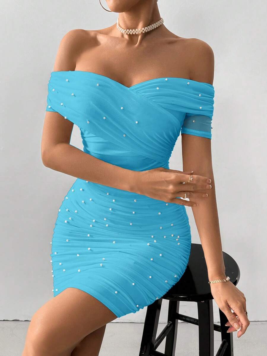 Women Fitted Open Shoulder Short Sleeve Beaded Bodycon Dress