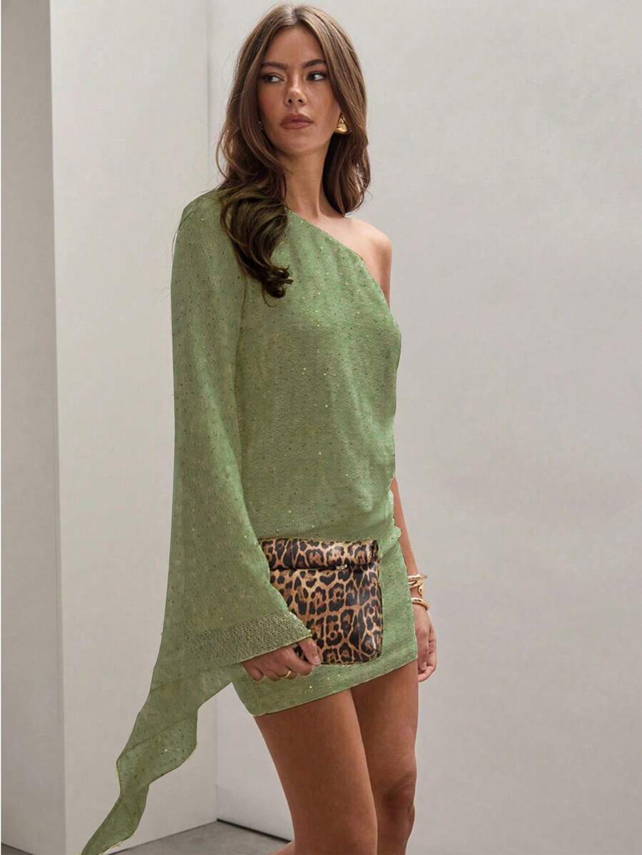 Autumn/Winter Women's Asymmetrical Neck Long Sleeve Ruffle Hem Short Casual Dress, Holiday Style