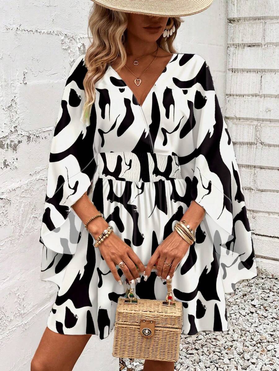 Women Holiday Full Printed V-Neck Cinching Waist Wrap Ruffle Hem Dress