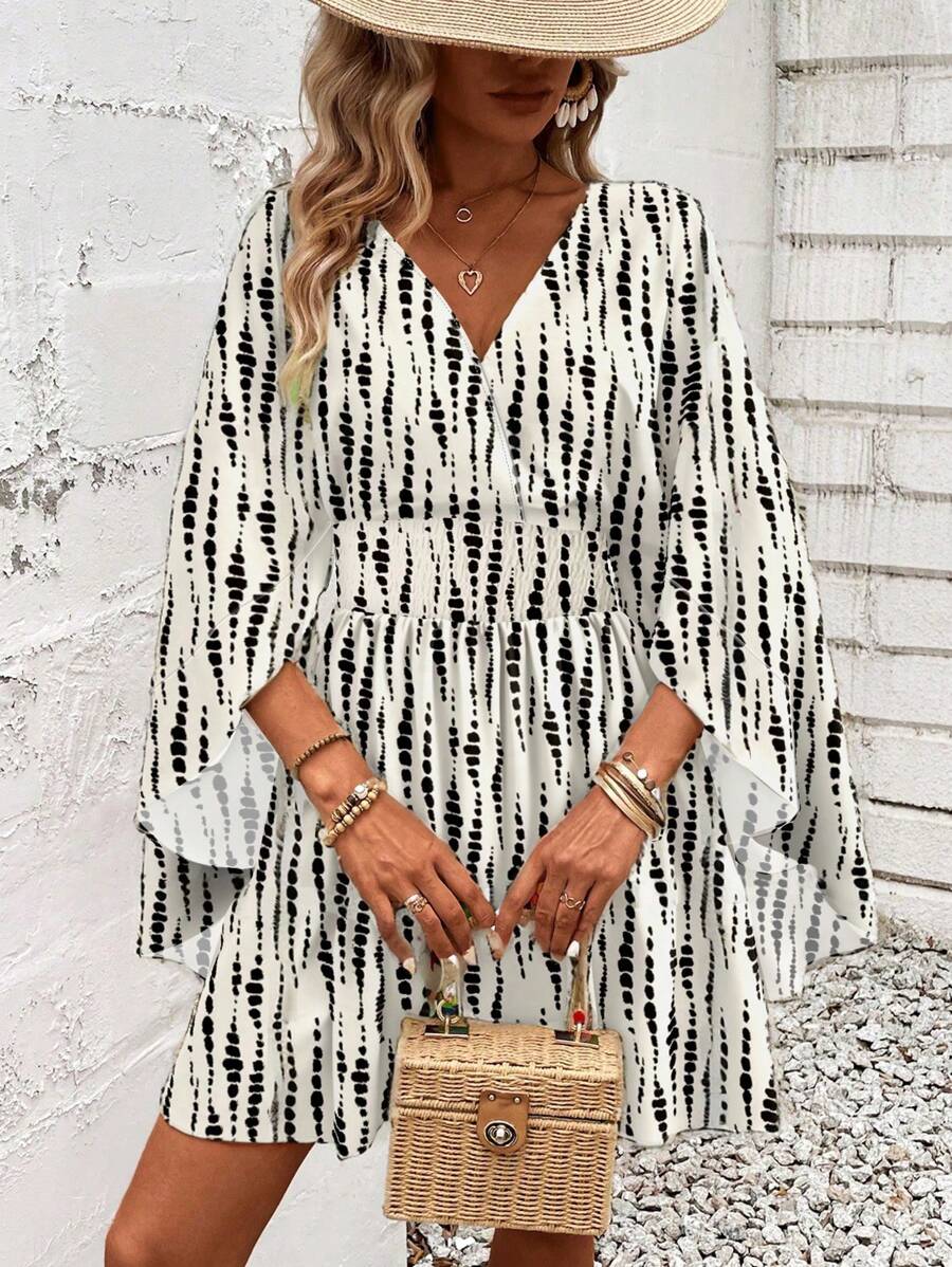 Women Holiday Full Printed V-Neck Cinching Waist Wrap Ruffle Hem Dress