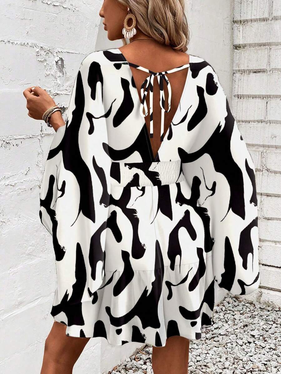 Women Holiday Full Printed V-Neck Cinching Waist Wrap Ruffle Hem Dress