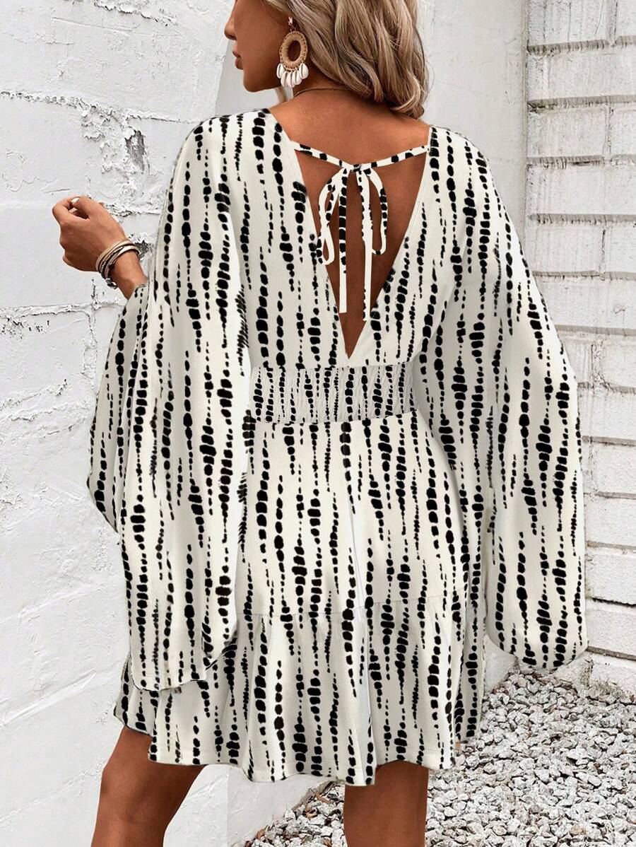 Women Holiday Full Printed V-Neck Cinching Waist Wrap Ruffle Hem Dress