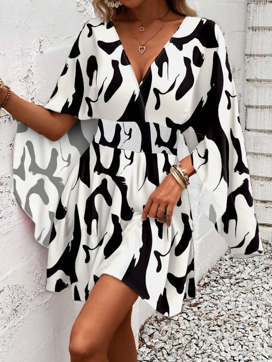 Women Holiday Full Printed V-Neck Cinching Waist Wrap Ruffle Hem Dress