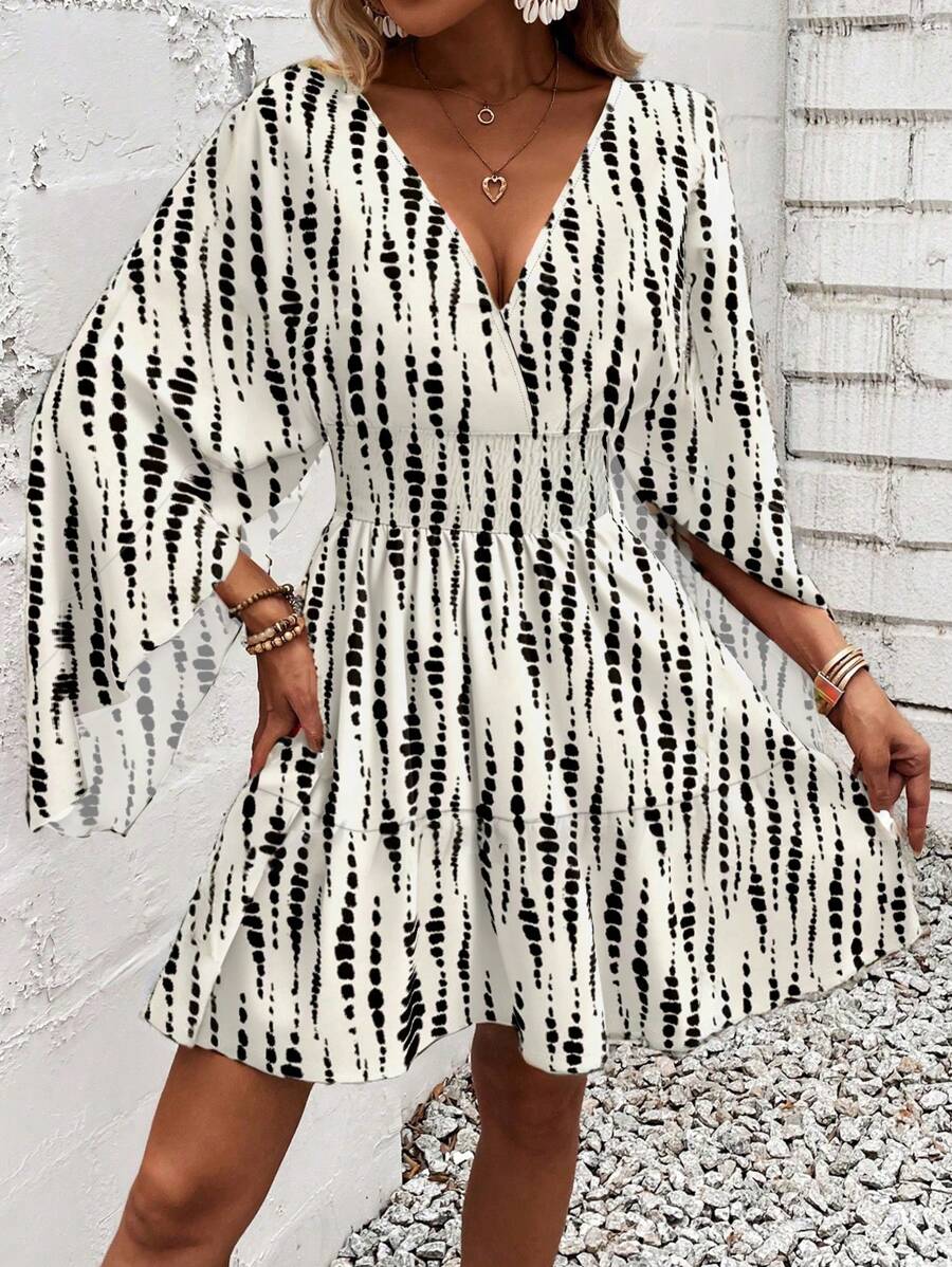 Women Holiday Full Printed V-Neck Cinching Waist Wrap Ruffle Hem Dress