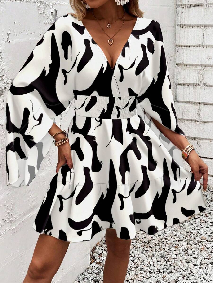 Women Holiday Full Printed V-Neck Cinching Waist Wrap Ruffle Hem Dress