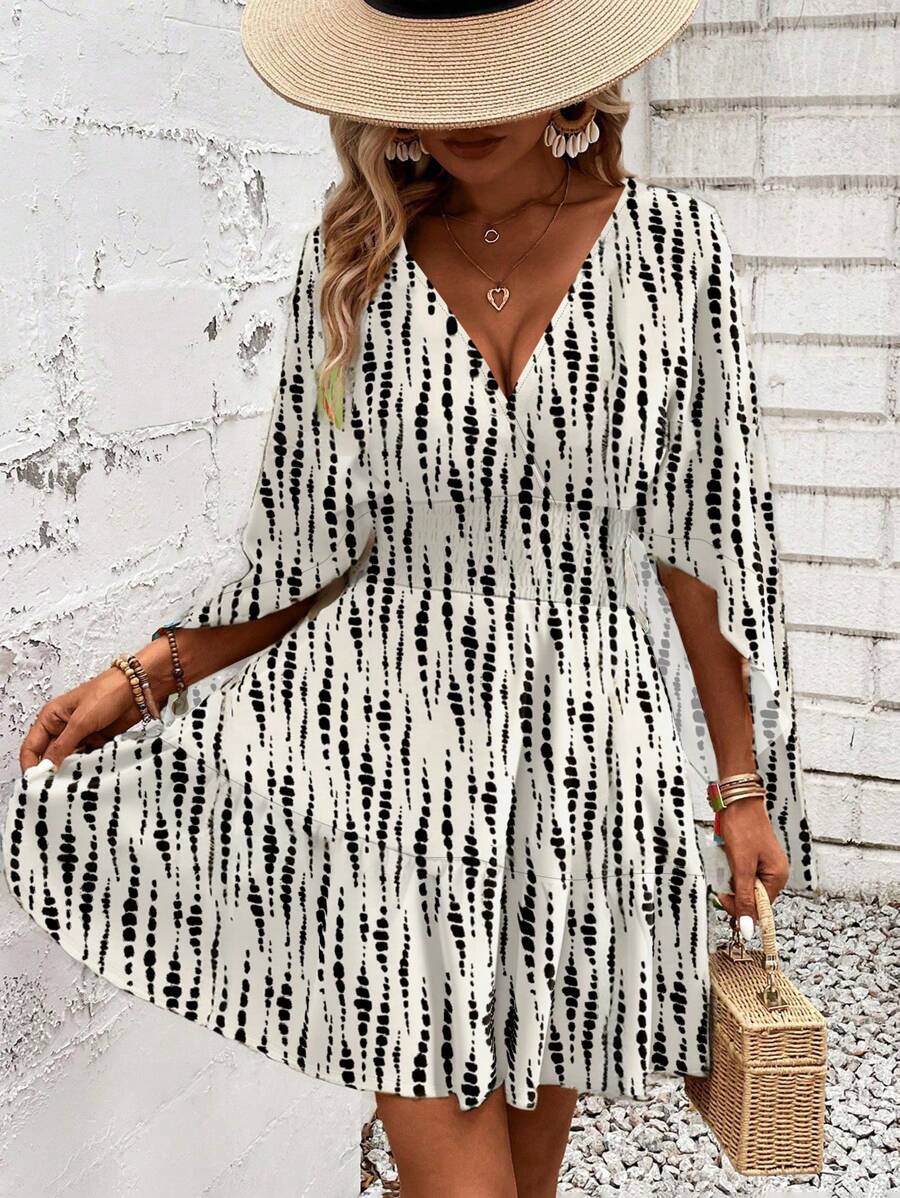 Women Holiday Full Printed V-Neck Cinching Waist Wrap Ruffle Hem Dress