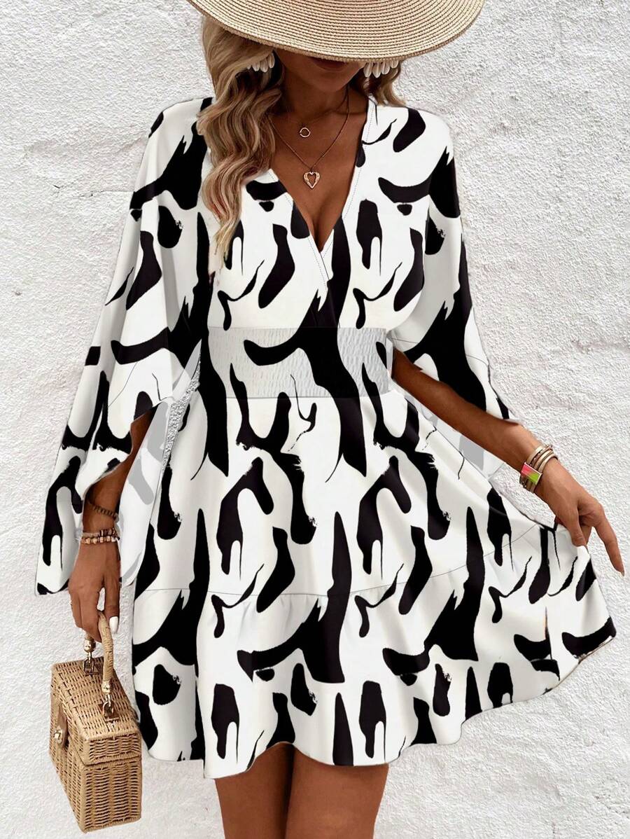 Women Holiday Full Printed V-Neck Cinching Waist Wrap Ruffle Hem Dress