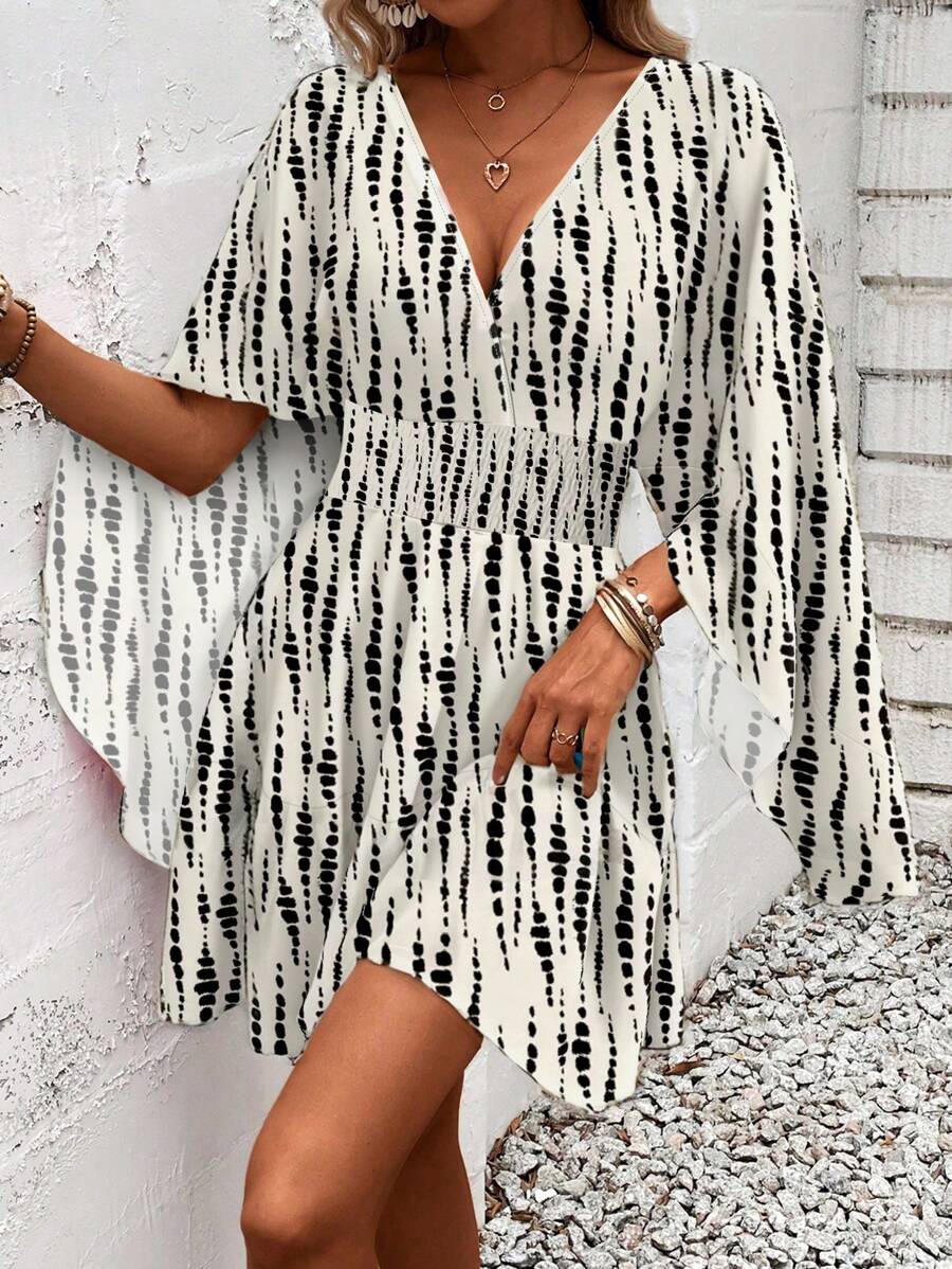 Women Holiday Full Printed V-Neck Cinching Waist Wrap Ruffle Hem Dress