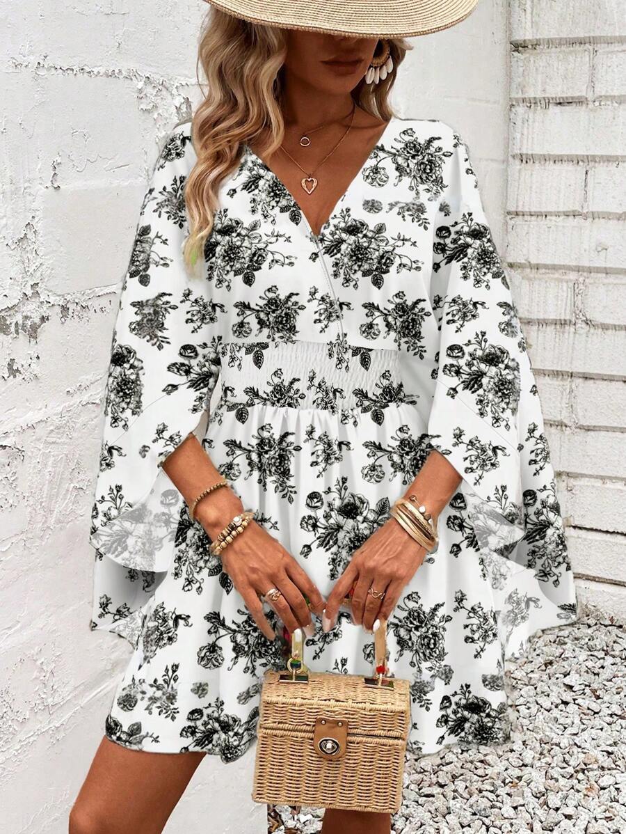 Women Holiday Full Printed V-Neck Cinching Waist Wrap Ruffle Hem Dress
