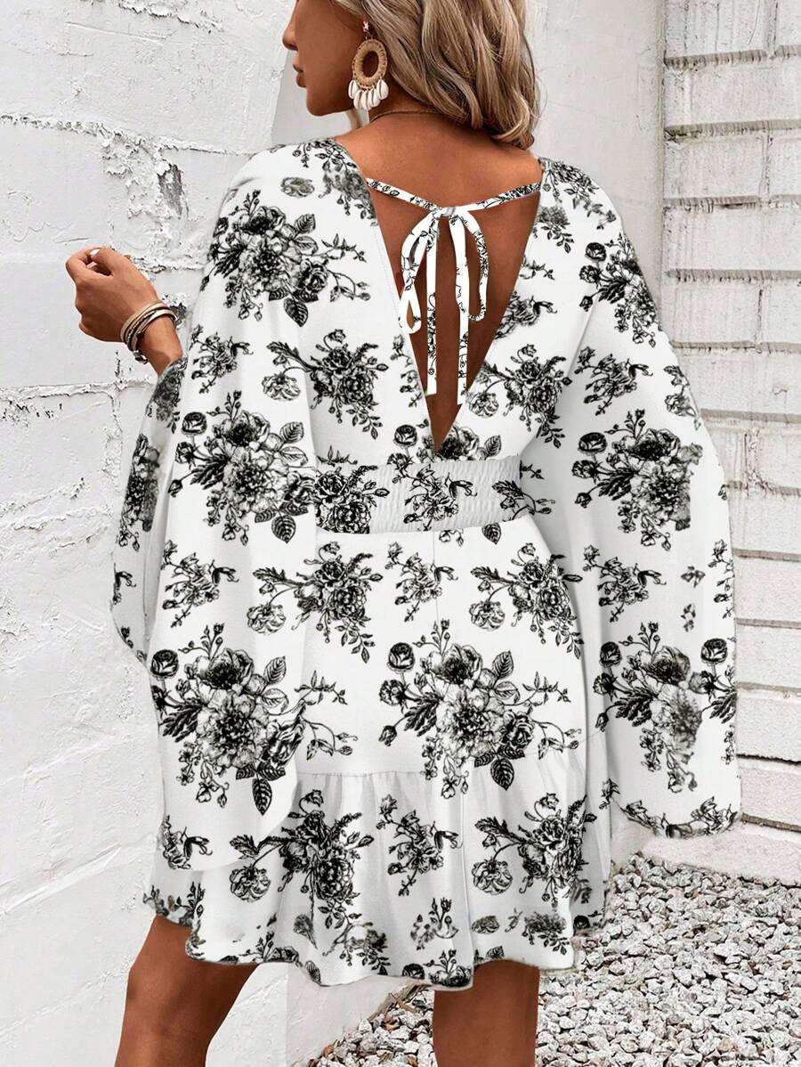 Women Holiday Full Printed V-Neck Cinching Waist Wrap Ruffle Hem Dress