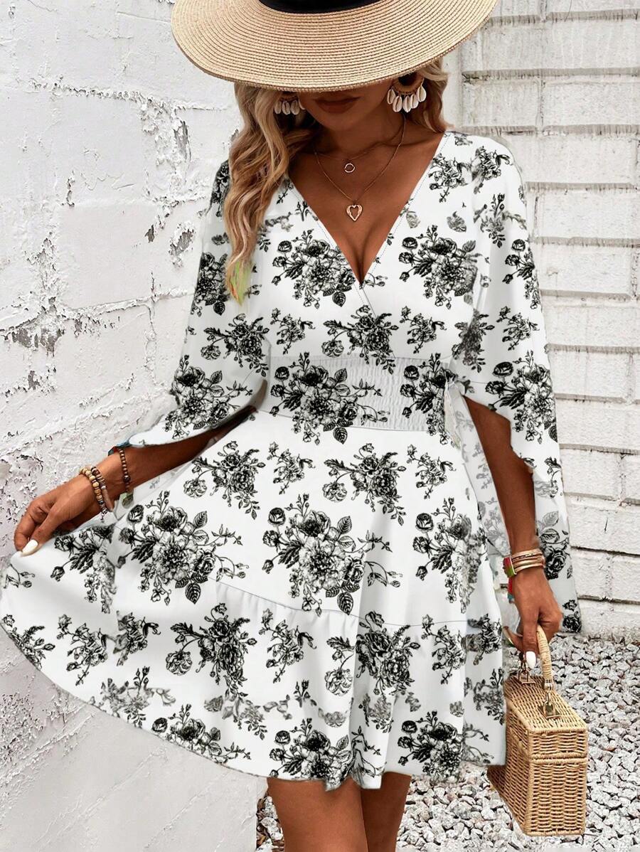 Women Holiday Full Printed V-Neck Cinching Waist Wrap Ruffle Hem Dress