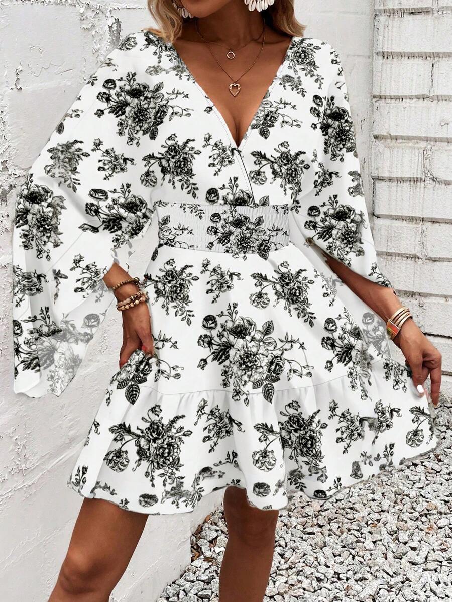 Women Holiday Full Printed V-Neck Cinching Waist Wrap Ruffle Hem Dress