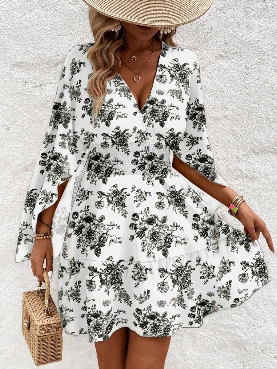 Women Holiday Full Printed V-Neck Cinching Waist Wrap Ruffle Hem Dress