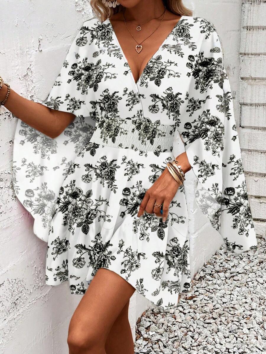 Women Holiday Full Printed V-Neck Cinching Waist Wrap Ruffle Hem Dress