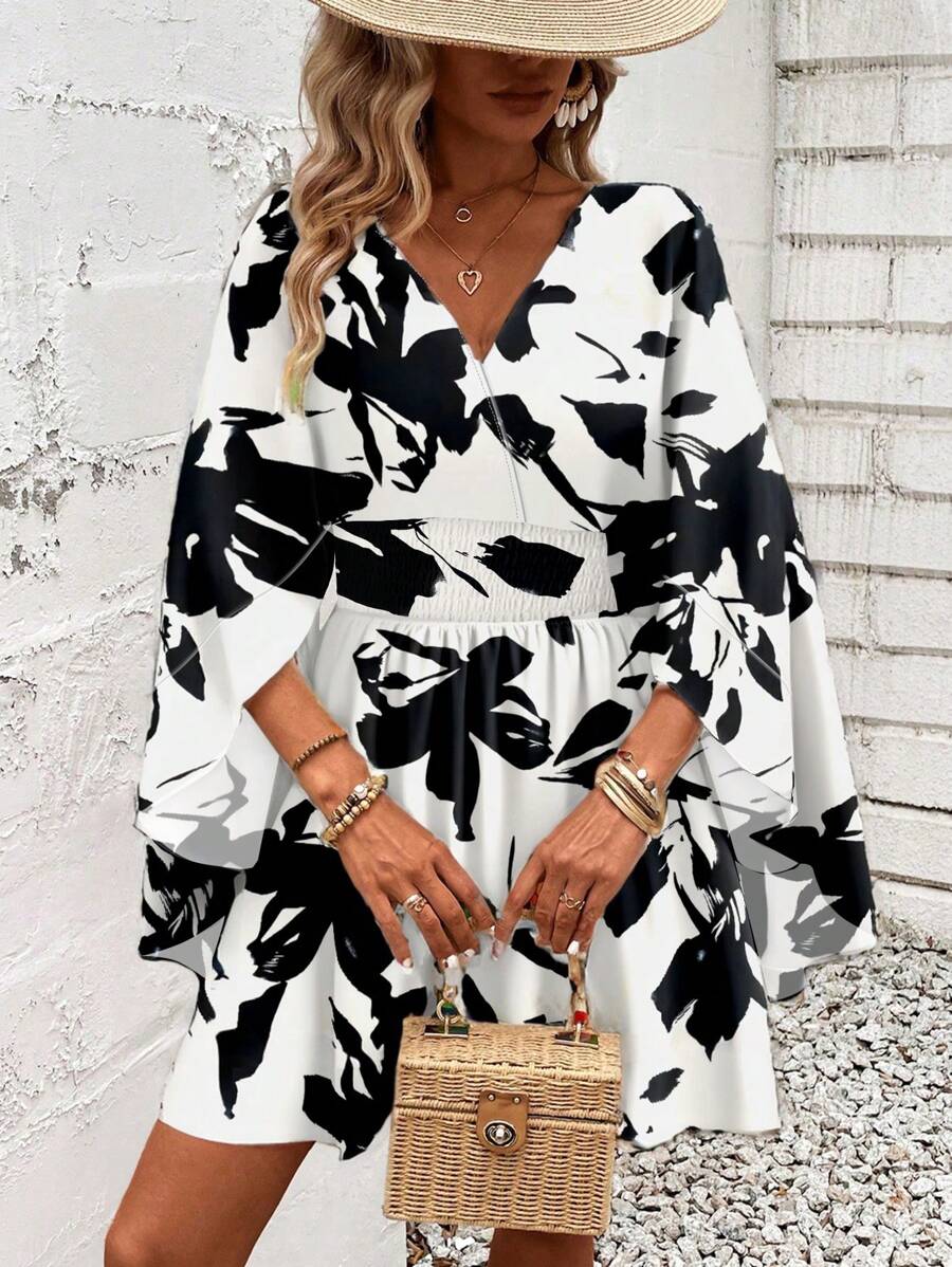 Women Holiday Full Printed V-Neck Cinching Waist Wrap Ruffle Hem Dress