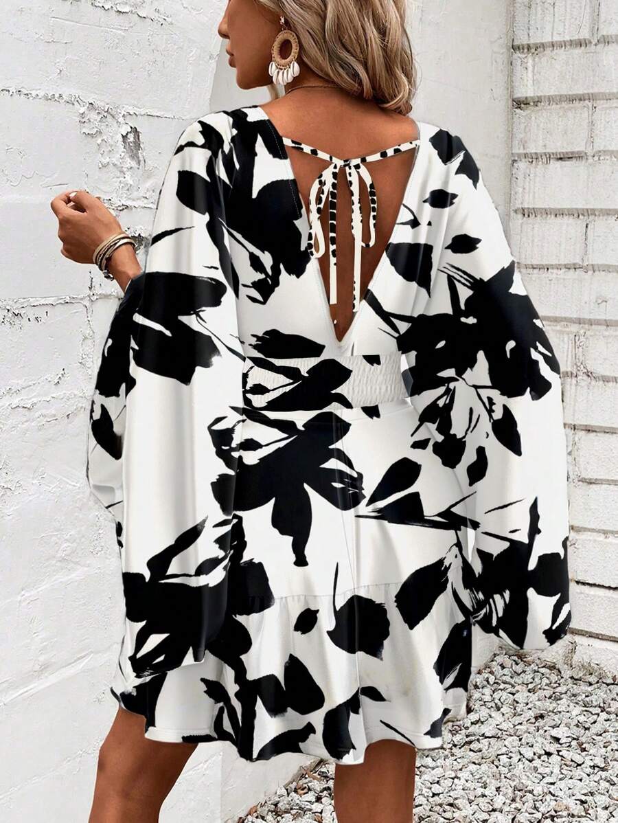 Women Holiday Full Printed V-Neck Cinching Waist Wrap Ruffle Hem Dress